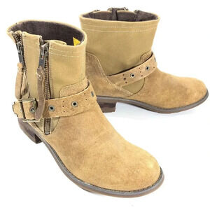Caterpillar Tan Brown Suede Leather & Canvas Squander Moto Boots Size 6